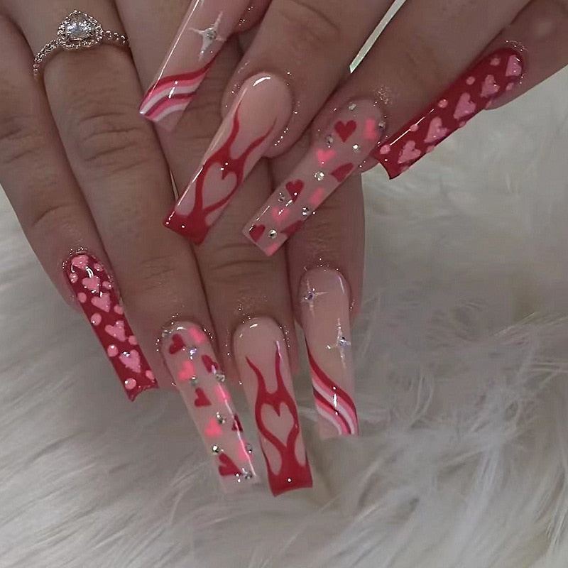 24Pcs Wearable False Nails with glue Long Ballerina Pink Press On Nails French Full Cover Coffin Fake Nails tip with rhinestones