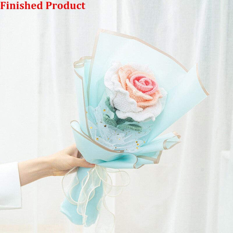 Knitting Flowers Rose Tulip Artificial Fake Flowers Bouquet Wedding Decoration Hand-woven Home Decorate Knit Fake Flower Gifts