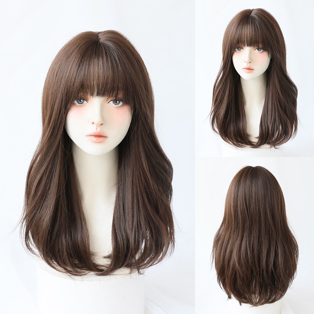 Long Curly Hair Women Wig with Bangs Daily Brown Black Pink Lolita Cosplay Braided Wigs Heat Resistant Fiber