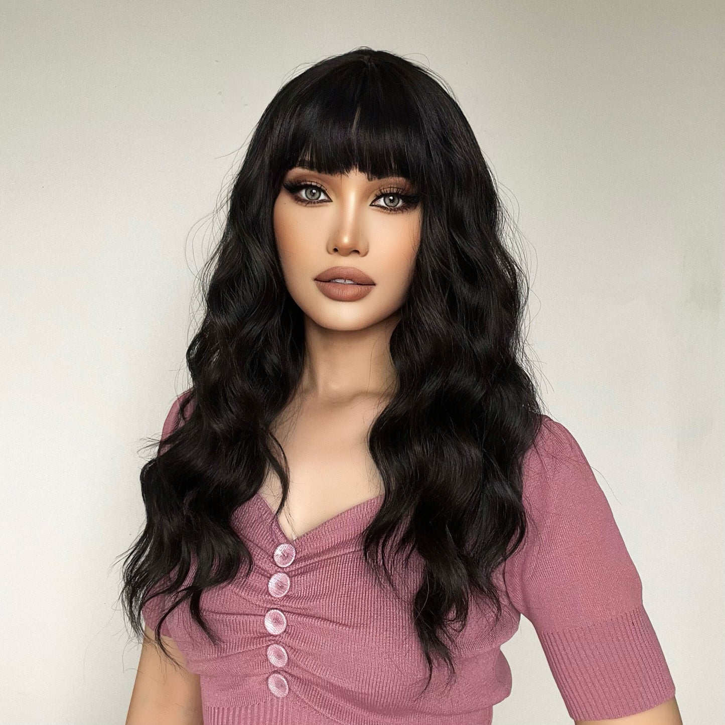 Synthetic Middle Dark Red with Bangs for Women Natural Long Water Wavy Cosplay Hairstyle Heat Resistant Fiber Hair Wigs