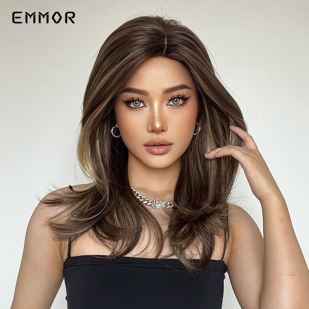 Synthetic Women Long Wavy Wigs Brown with Blonde Wigs Natural Wavy Heat Resistant Wig for Women Wigs