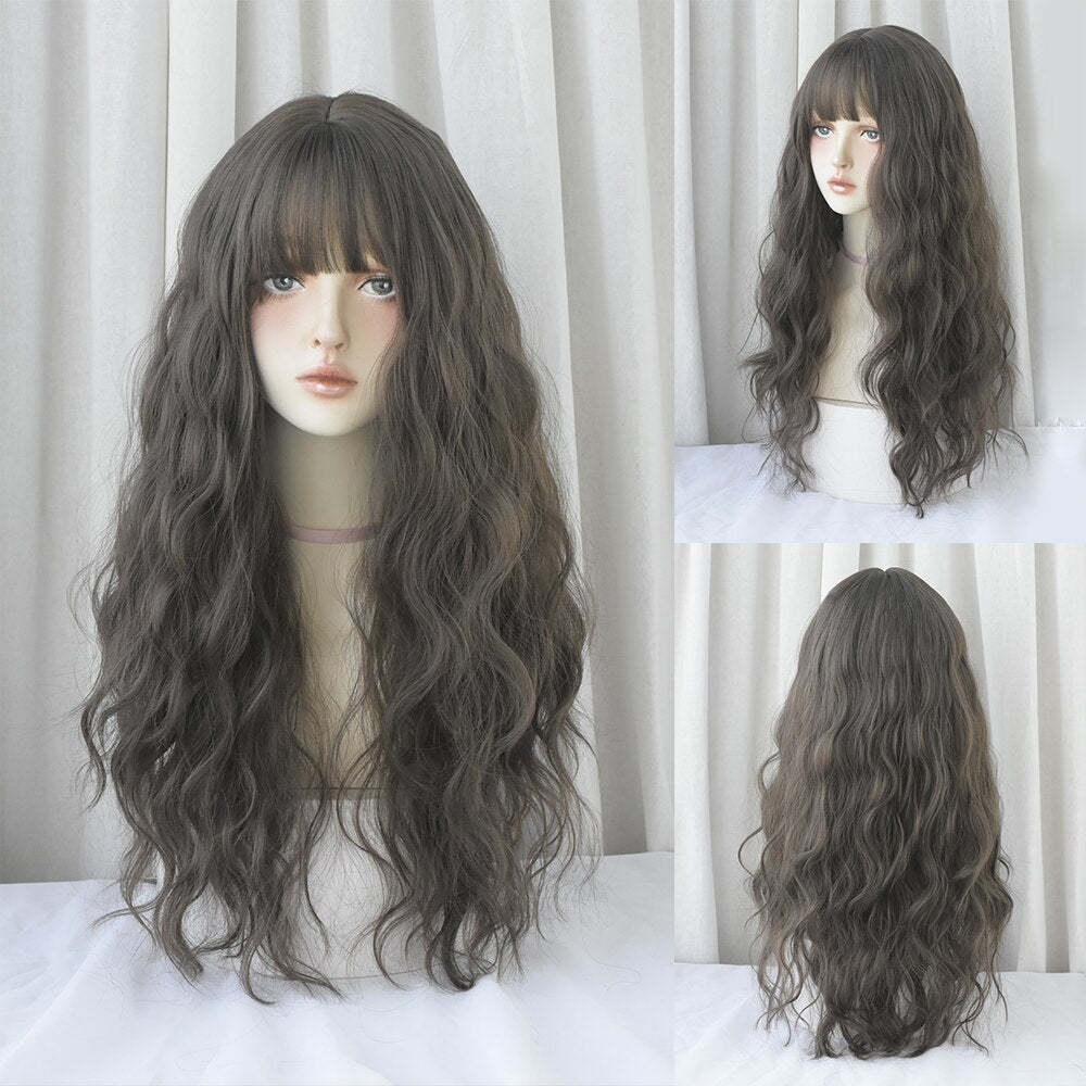 Long Curly Hair Women Wig with Bangs Daily Brown Black Pink Lolita Cosplay Braided Wigs Heat Resistant Fiber