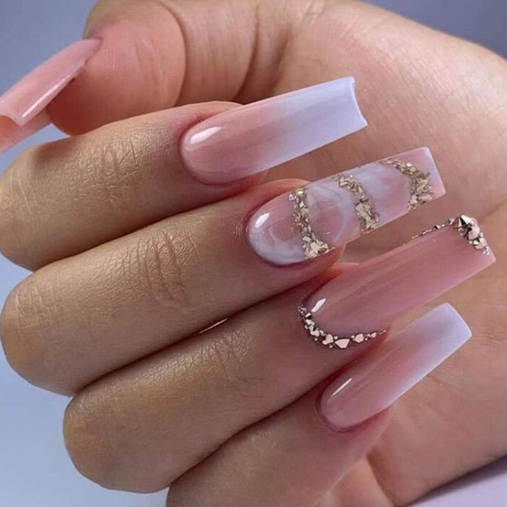 24Pcs Wearable False Nails with glue Long Ballerina Pink Press On Nails French Full Cover Coffin Fake Nails tip with rhinestones