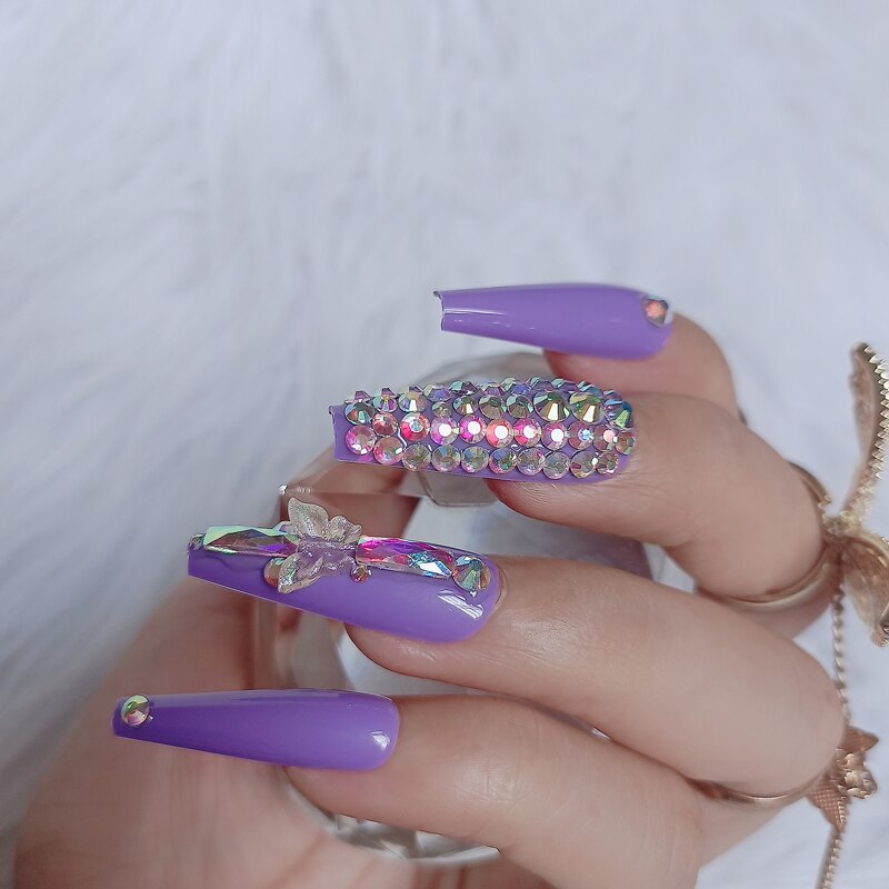 24pcs luxury jewelry long ballet coffin fake nails crystal diamond Transparent