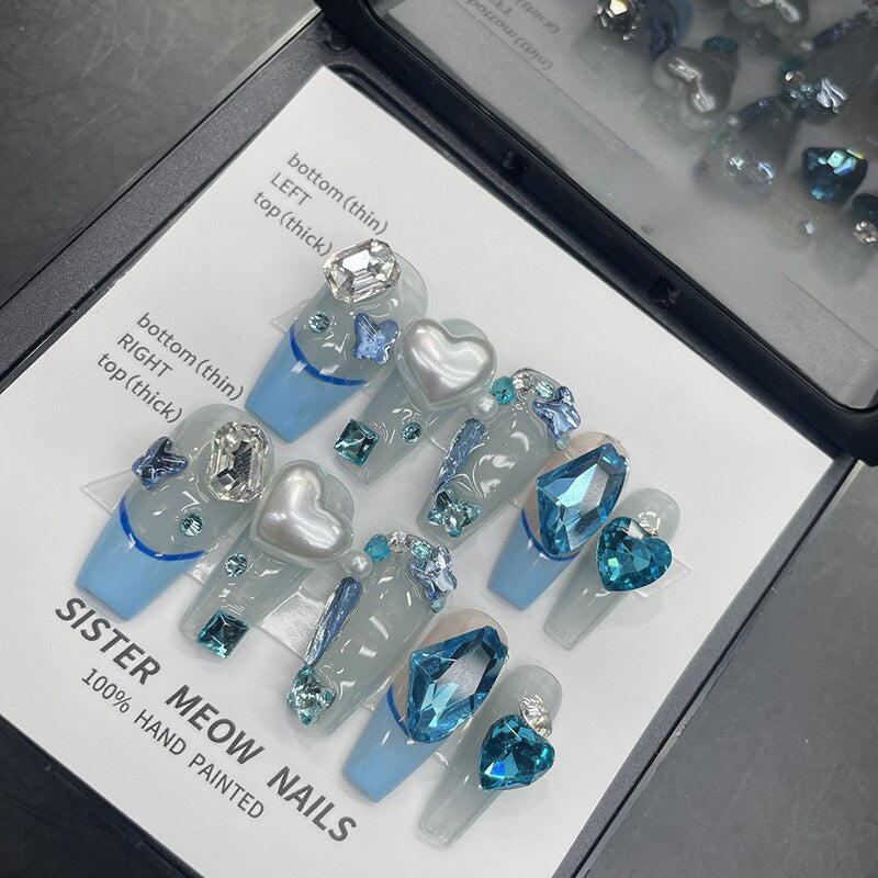 French Sailor Style Pure Handmaded T-shaped Reusable False Nails Light Blue Love Heart Crushed Diamond Wearable Nails Detachable