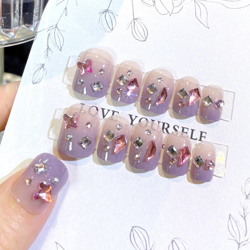 24pcs Butterfly decorated false nails Removable Long Paragraph Manicure fake nail tips full cover acrylic for girls nail