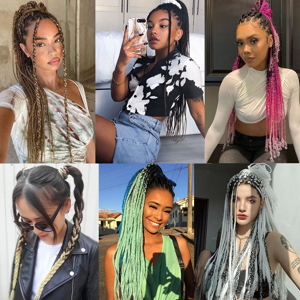 Colored Gradient Box Braided Ponytail For Girls With Elastic Hair Band Rubber Band Hair Accessories Wig Headband Hairpiece