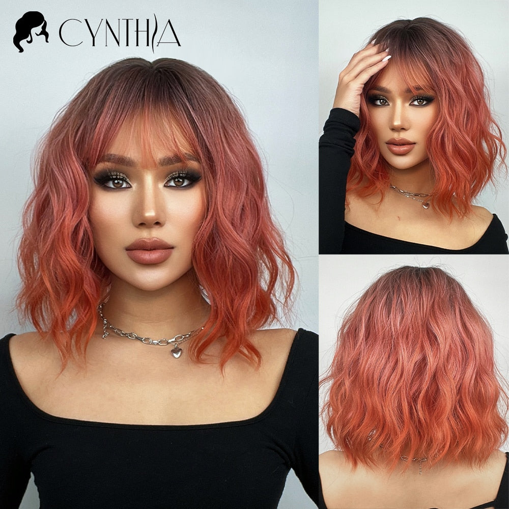 Cynthia Blue Ombre Short Bob Synthetic Wigs For Women With Bangs Body Wave Cosplay Lolita Wig White Natural Heat Resistant Hair