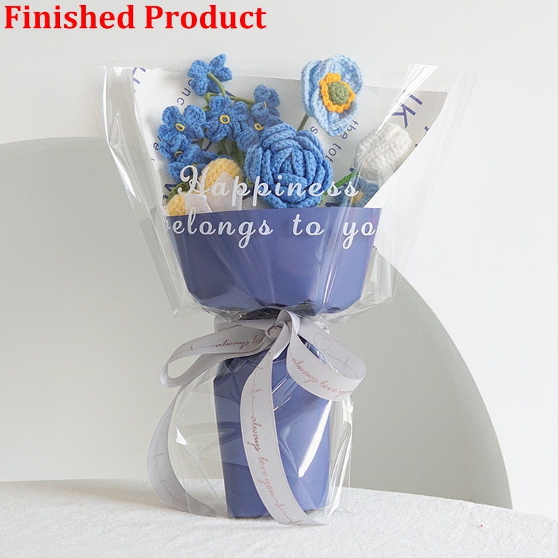 Finished Product Knitting Flowers Rose Tulip Fake Flowers Bouquet Wedding Decoration Hand-woven Home Decorate Knit Flower Gifts
