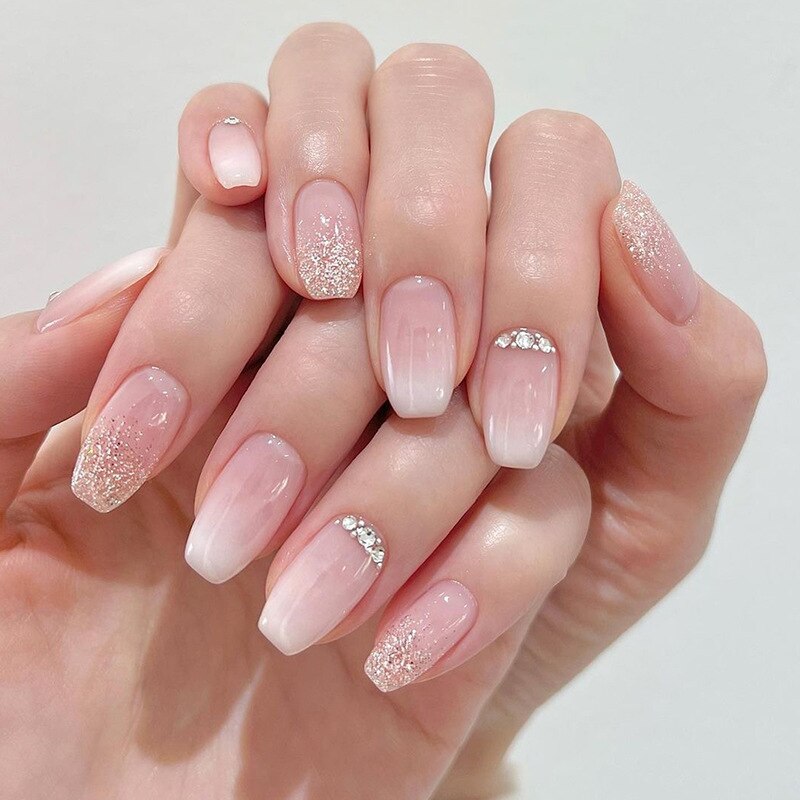 24pcs pink clouds design false nails with glue press on nails medium length acrylic nails coffin full cover nails tips supplies