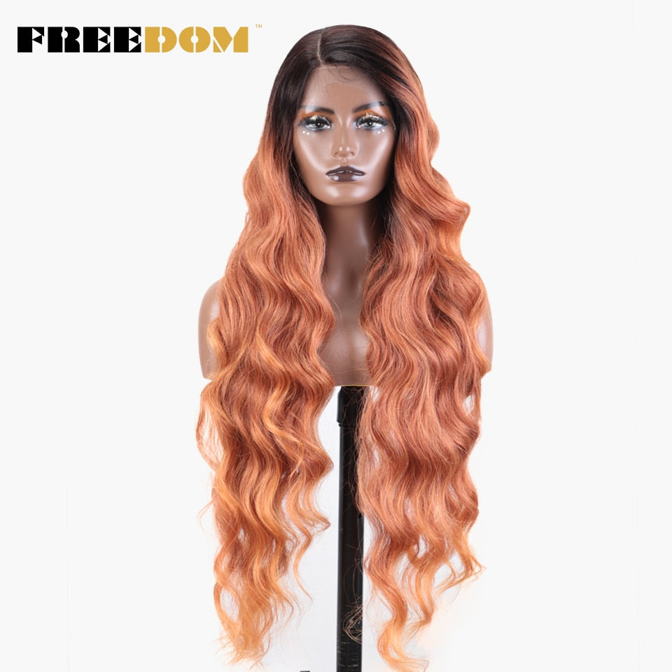 Synthetic Lace Wigs For Black Women Super Long Body Wavy Side Part Lace Wig Brown Ombre Blue Cosplay Wigs Heat Resistant