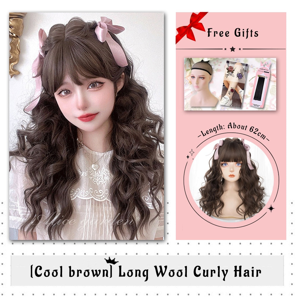 Brown Black Gold Wool Roll Synthetic Wig For Women Long Roll Wig Bangs Cosplay Party Heat Resistant Hair