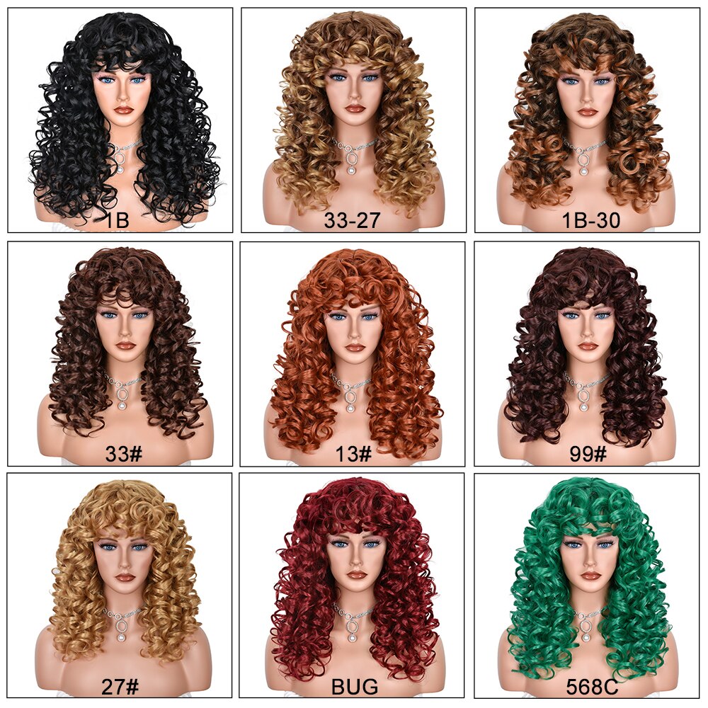 Red Brown Curly wigs with Bangs Natural Synthetic Long Wavy Wigs for Women Afro Cosplay Daily Heat Resistant Hair Wig