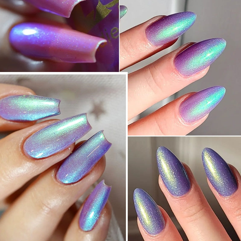 Aurora Rubber Gel Nail Iridescent Pearl Effect Metallic Mirror Nails Manicure Soak Off UV LED No Wipe Top Coat Base Gel