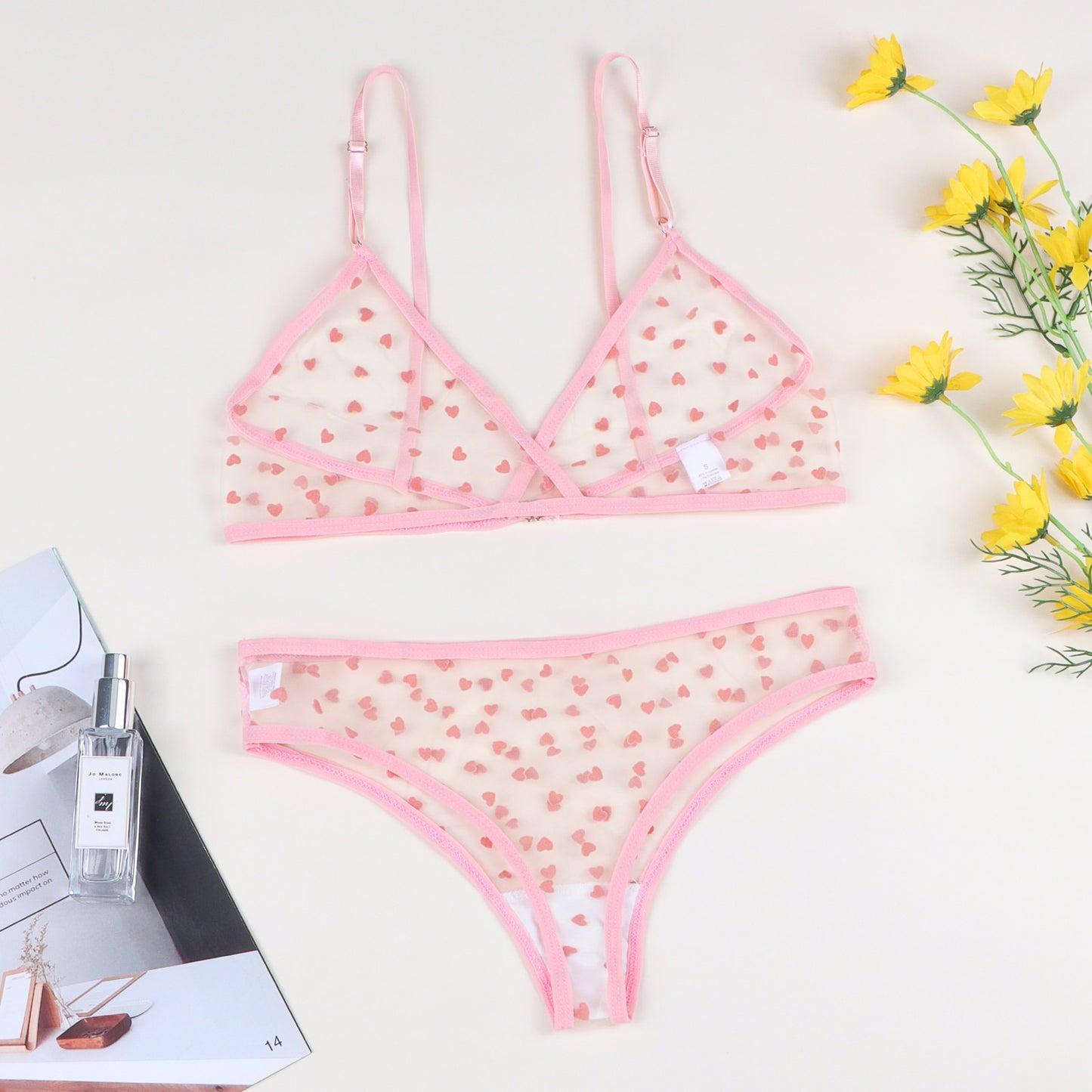 Women Lace Sensual Lingerie Set Sexy Dot Thong Erotic Underwear Mesh See Through Heart Ring Bra Bandage G-string Panties Suit