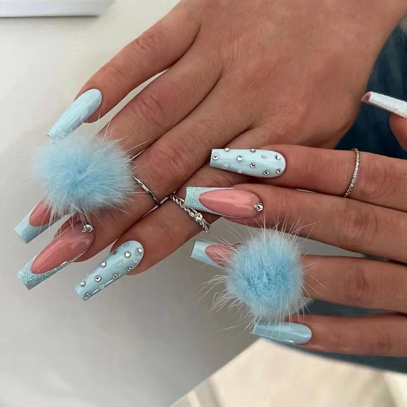 24Pcs Wearable False Nails with glue Long Ballerina Pink Press On Nails French Full Cover Coffin Fake Nails tip with rhinestones