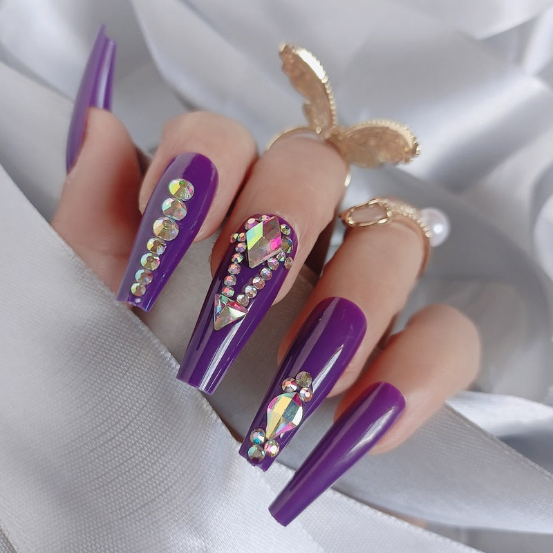 24pcs luxury jewelry long ballet coffin fake nails crystal diamond Transparent