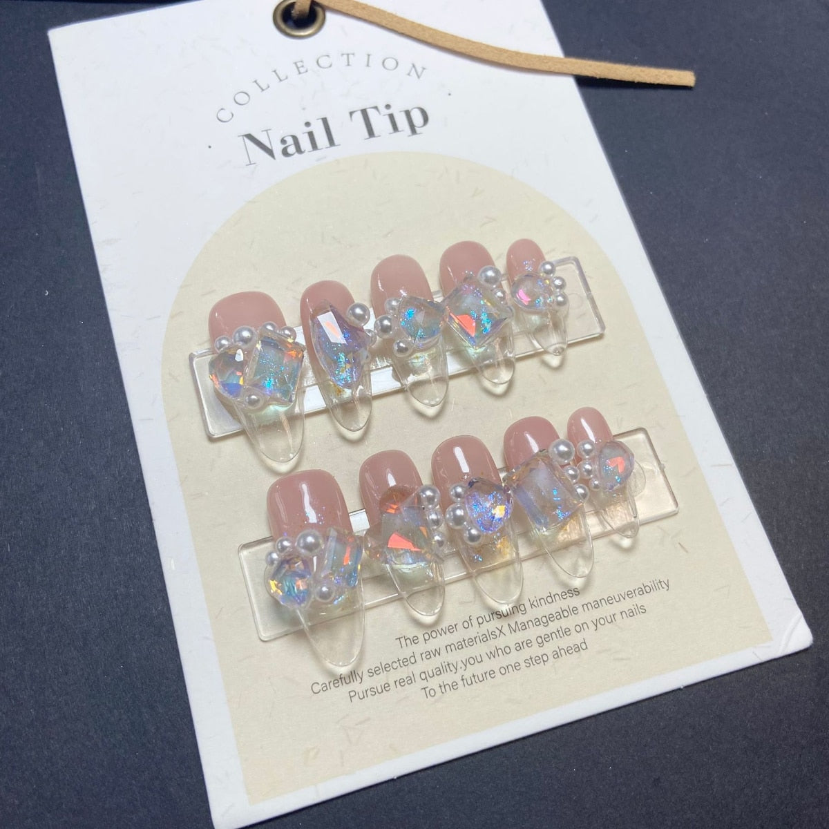 Sea Salt style Crystal Illusion Fake Nail Translucent Bottom Rhinestone Fingertip Clear Long Almond Handmade Wearable False Nail