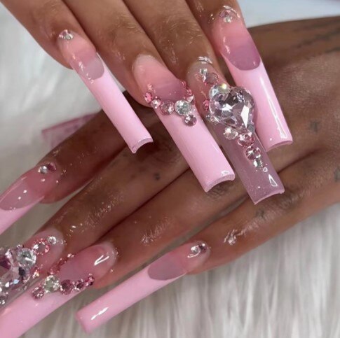 24Pcs Wearable False Nails with glue Long Ballerina Pink Press On Nails French Full Cover Coffin Fake Nails tip with rhinestones