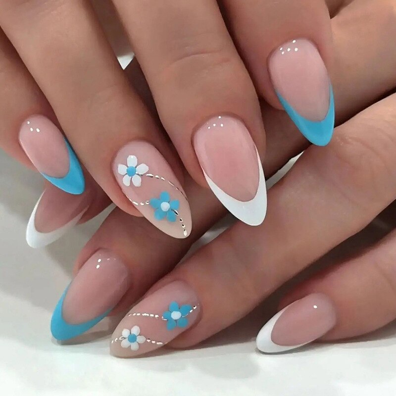 24pcs Almond Full Cover y2k black Sweet Fake Nails with glue cool Stiletto press on nails French artificial Nails With designs
