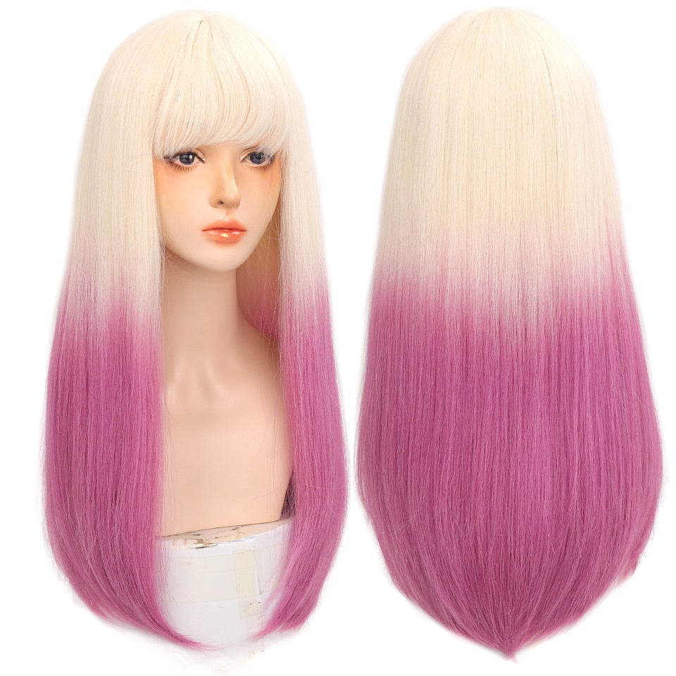 Long straight hair synthetic wig girl pink white gradient bangs cosplay Lolita party heat-resistant wigs