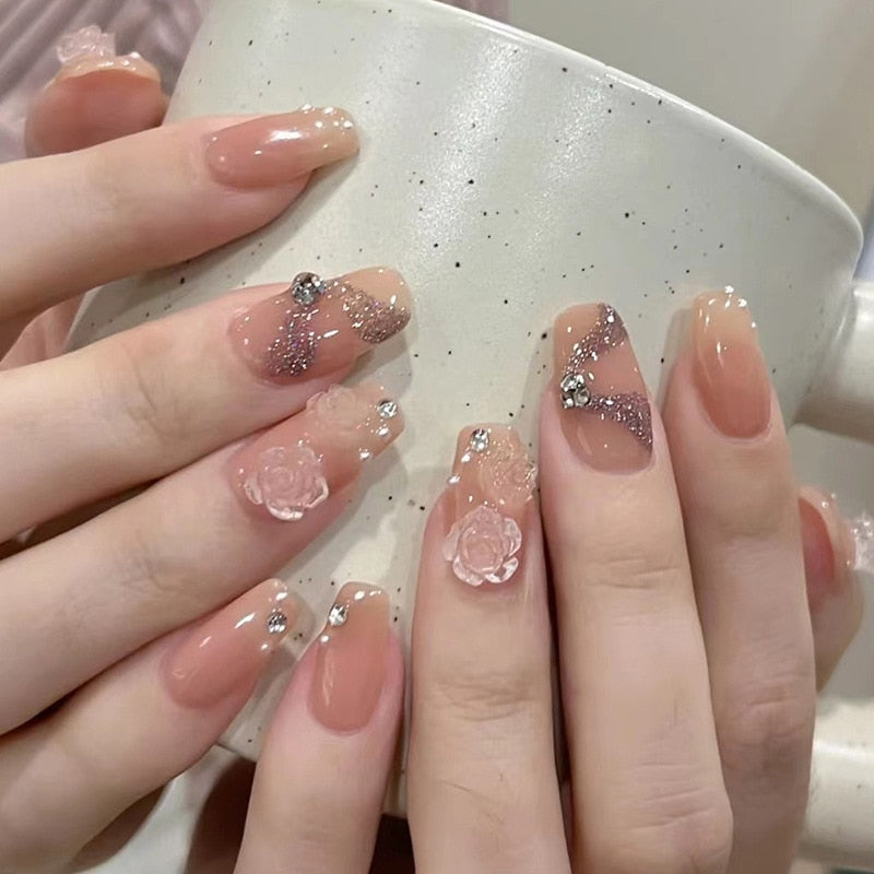 24pcs Butterfly decorated false nails Removable Long Paragraph Manicure fake nail tips full cover acrylic for girls nail