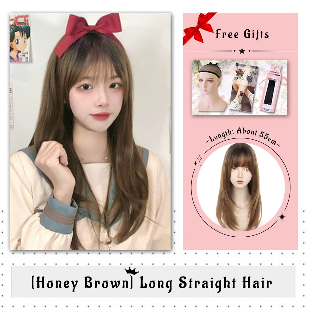 Brown Black Gold Wool Roll Synthetic Wig For Women Long Roll Wig Bangs Cosplay Party Heat Resistant Hair