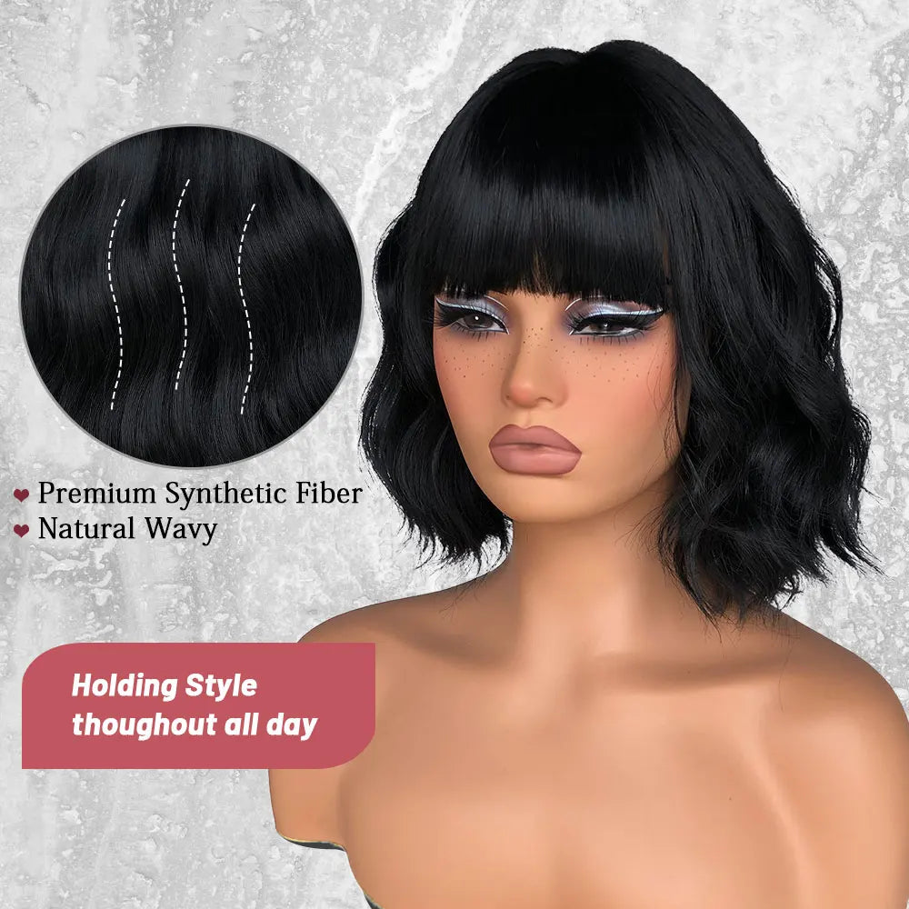 Black Wavy Wigs with Bangs Short Black Bob Wigs for Women Synthetic Natural Looking Heat Resistant Fiber Hair