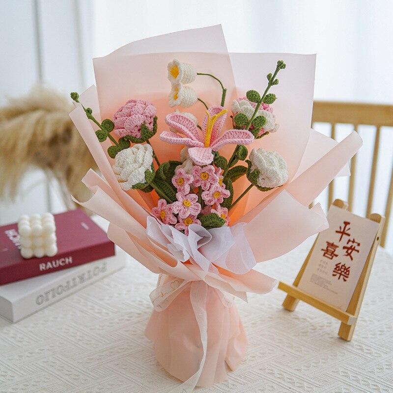 Knitting Flowers Rose Tulip Artificial Fake Flowers Bouquet Wedding Decoration Hand-woven Home Decorate Knit Fake Flower Gifts