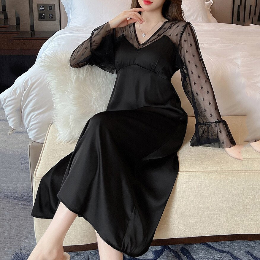 Nightgown Women Sexy Satin Silk Lace Long Sleeve Night Dress Palace Vintage Sleepdress Loose Sleepwear Homewear Home Dresses