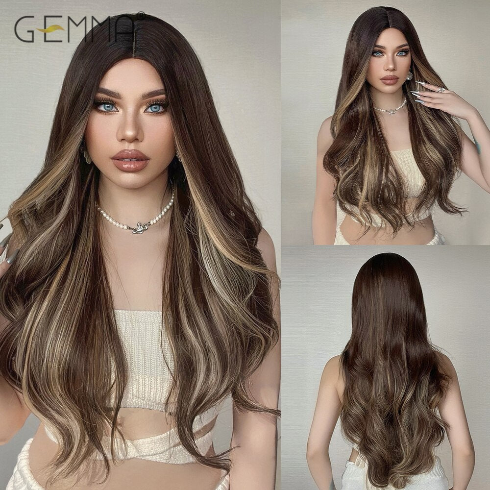 Long Wavy Black Natural Hair Wig Synthetic Middle Part Wigs for Black Women Heat Resistant Water Wave Cosplay Daily Use Wig
