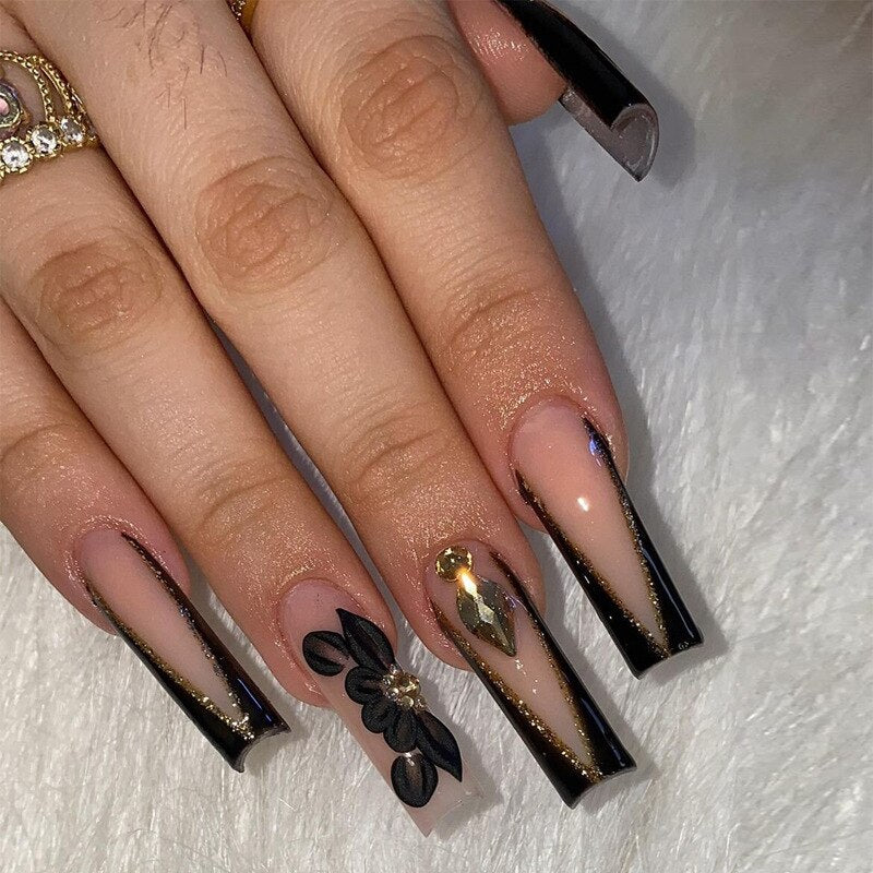 24Pcs Wearable False Nails with glue Long Ballerina Pink Press On Nails French Full Cover Coffin Fake Nails tip with rhinestones