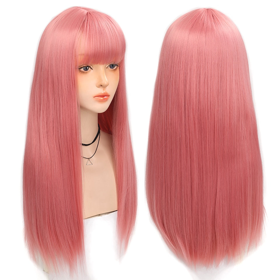 Long straight hair synthetic wig girl pink white gradient bangs cosplay Lolita party heat-resistant wigs