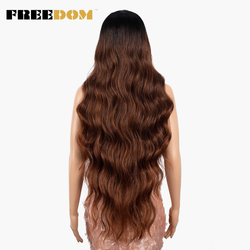 Synthetic Lace Front Wigs For Women 36 inch Super Long Body Wavy Lace Wig Brown Ombre Pink Cosplay Wigs Heat Resistant