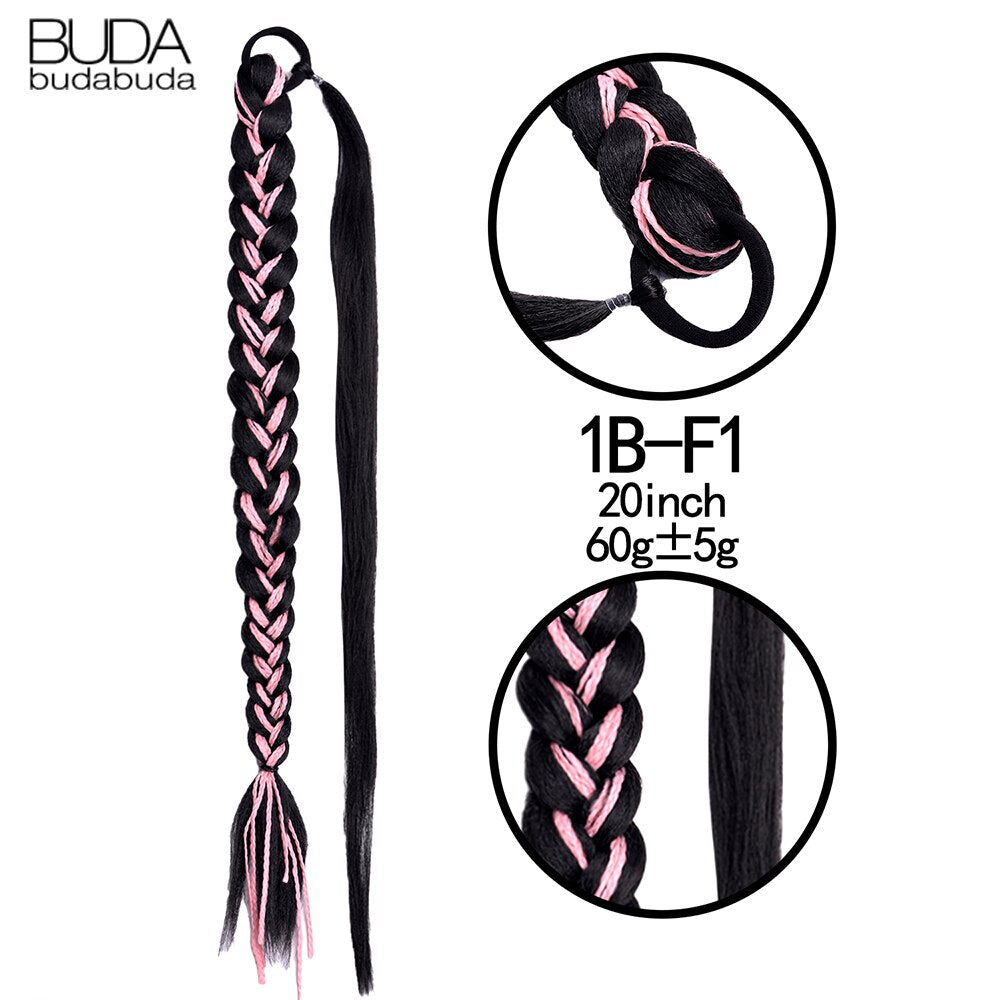 Synthetic Braided Plaited Fishtail Fishbone Drawstring Ponytail 20Inch Long Ombre Blonde Pink Hair Extensions For Women