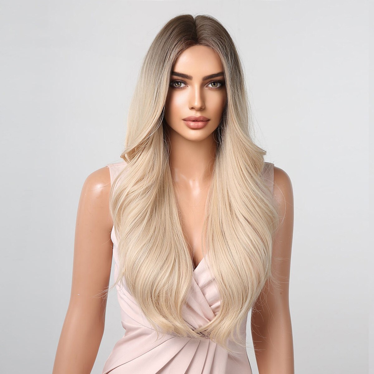 Brown to Light Blonde Ombre Platinum Synthetic Wig for Women Long Wavy Middle Part Hair Wig Cosplay Natural Heat Resistant