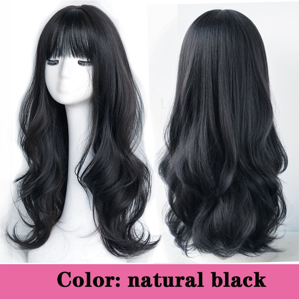 Synthetic long wavy curly hair female cold brown black cosplay Lolita pink purple blue wig heat-resistant bangs