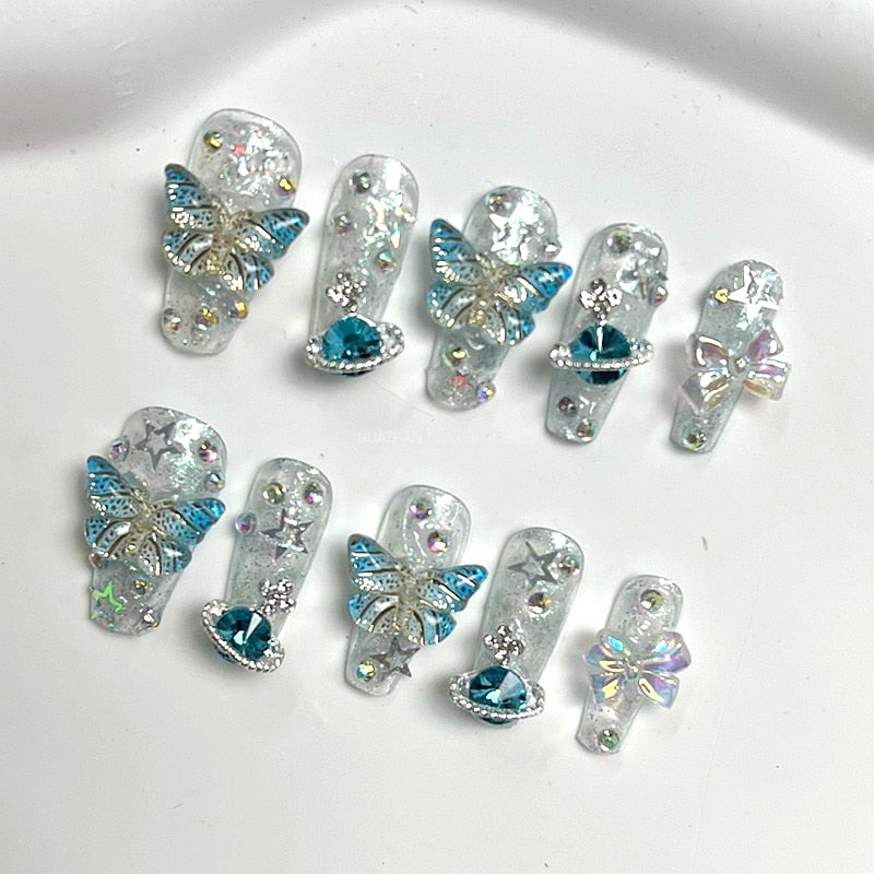 Handmade Purple Glitter Rhinestone Butterfly Fake Nail With Glue Bling Press On Nails Y2K Reusable Coffin False Nails Tips Gift