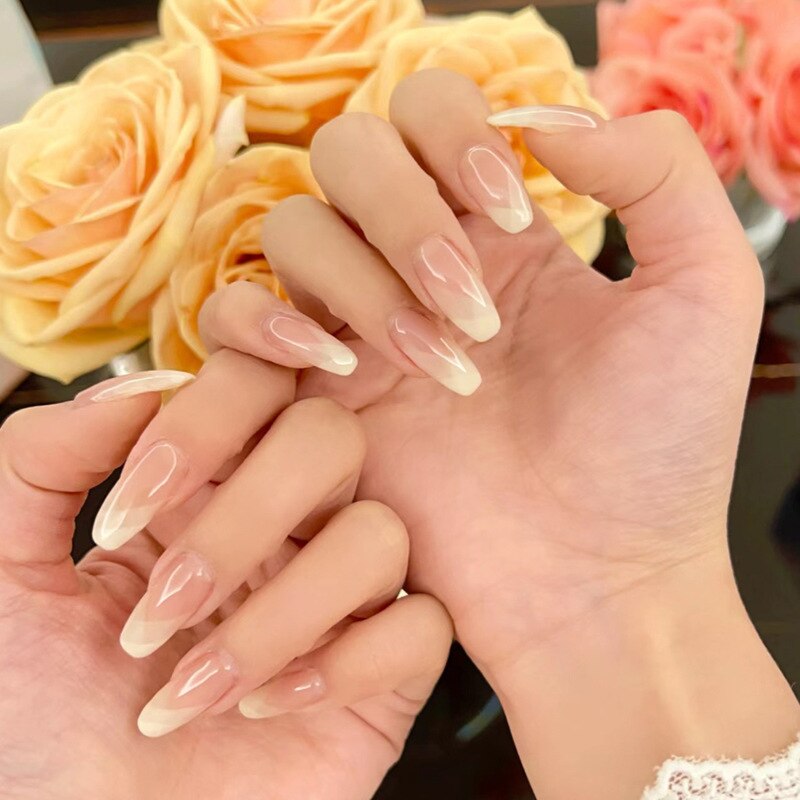 24pcs pink clouds design false nails with glue press on nails medium length acrylic nails coffin full cover nails tips supplies