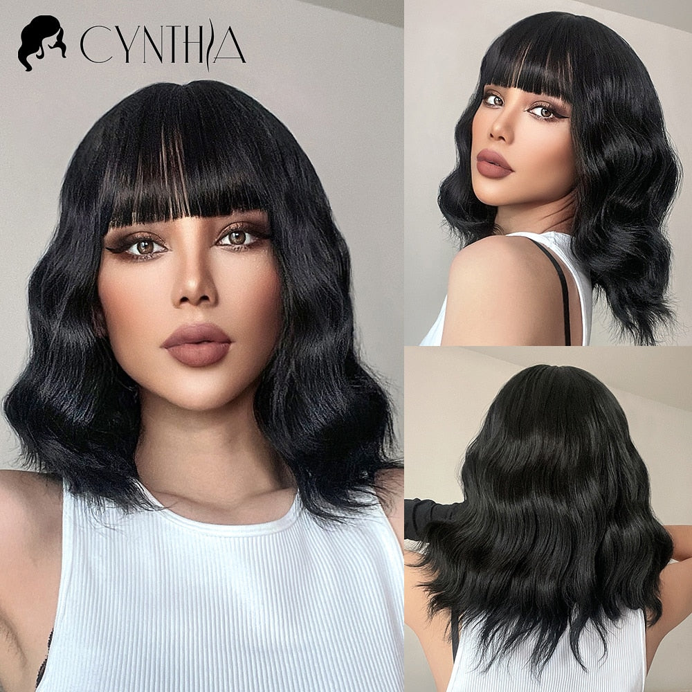 Ombre Blonde Short Bob Synthetic Wig For Women With Bangs White Gold Body Wave Cosplay Lolita Natural Heat Resistant Hair