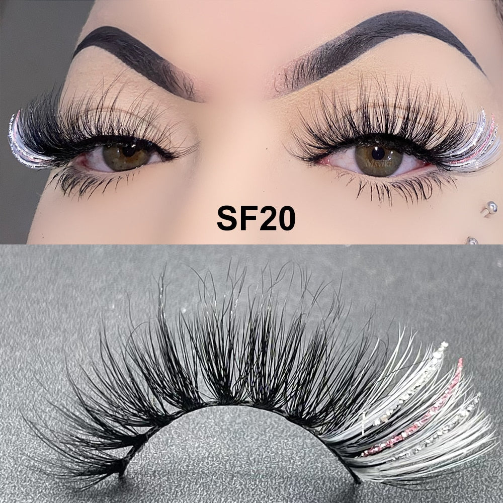 5D Fluffy 18-22MM Glitter Mink Lashes 1 Pair Party Colored Mink Eyelashes Box Package Rainbow Pink White Fake Eyelashes