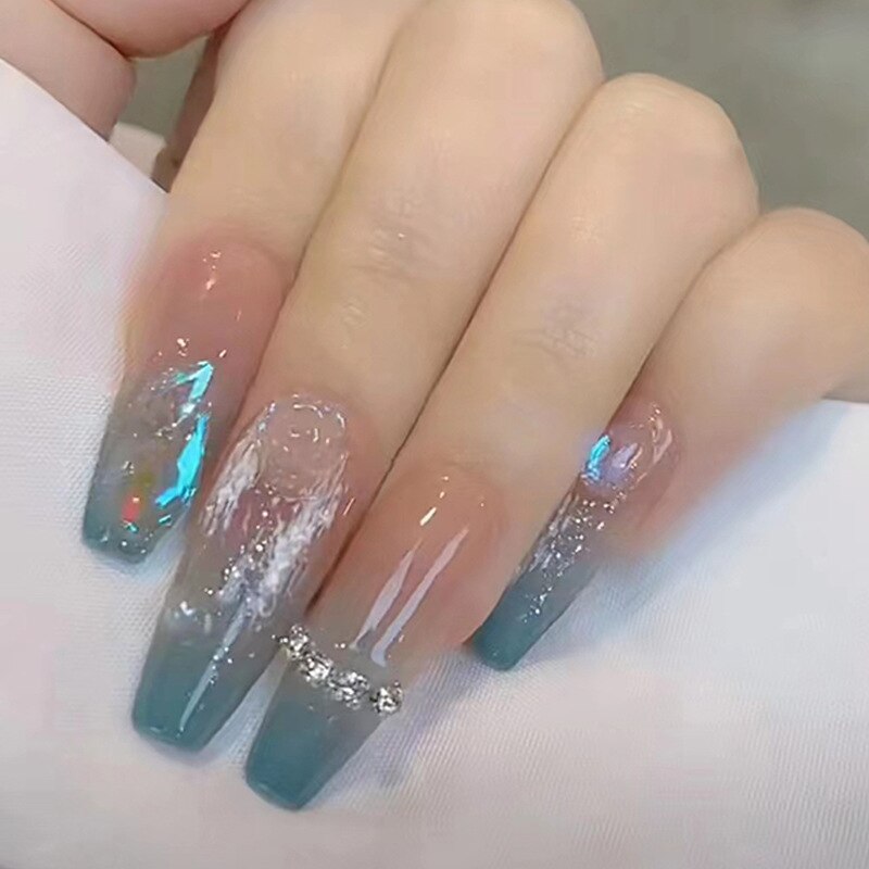 24pcs Butterfly decorated false nails Removable Long Paragraph Manicure fake nail tips full cover acrylic for girls nail