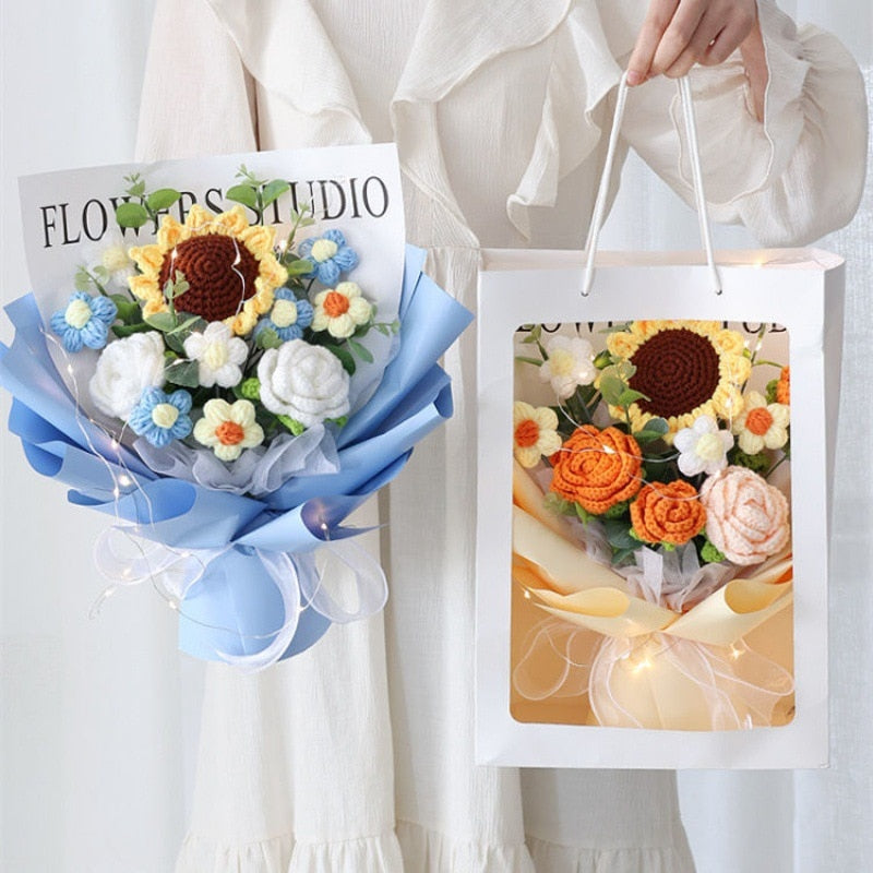 Finished Product Knitting Flowers Rose Tulip Fake Flowers Bouquet Wedding Decoration Hand-woven Home Decorate Knit Flower Gifts