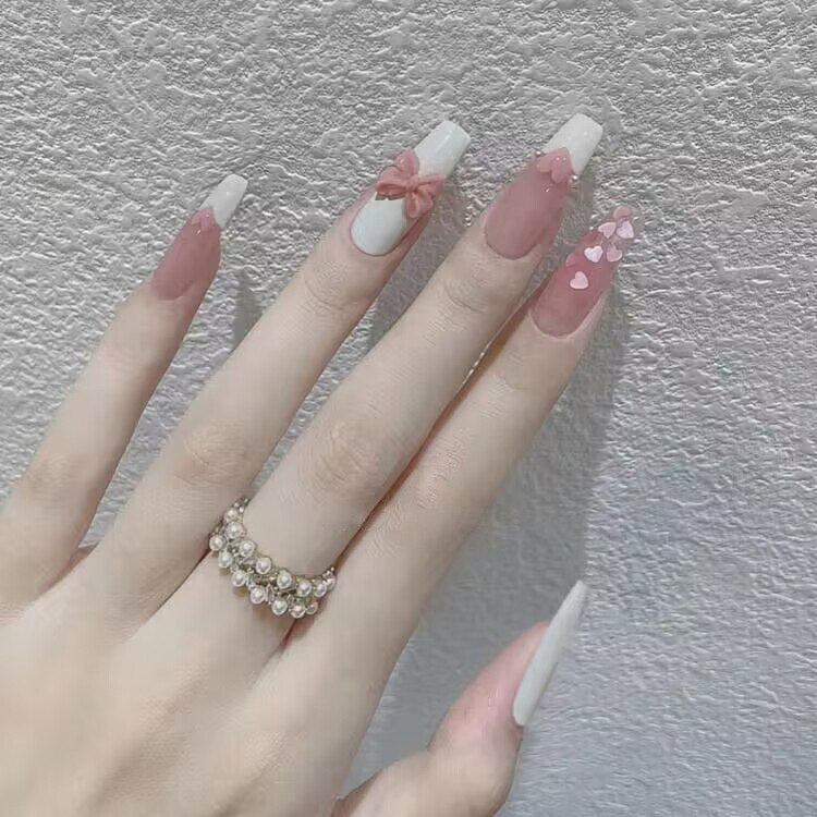 24pcs Butterfly decorated false nails Removable Long Paragraph Manicure fake nail tips full cover acrylic for girls nail