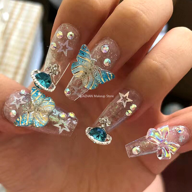 Handmade Purple Glitter Rhinestone Butterfly Fake Nail With Glue Bling Press On Nails Y2K Reusable Coffin False Nails Tips Gift
