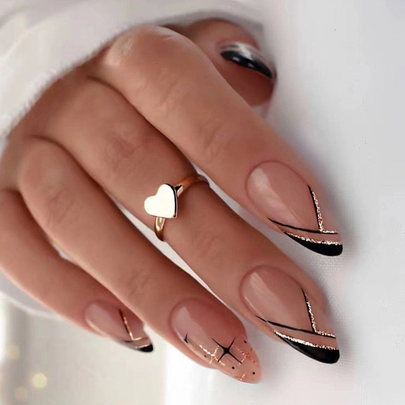 24pcs Almond Full Cover y2k black Sweet Fake Nails with glue cool Stiletto press on nails French artificial Nails With designs