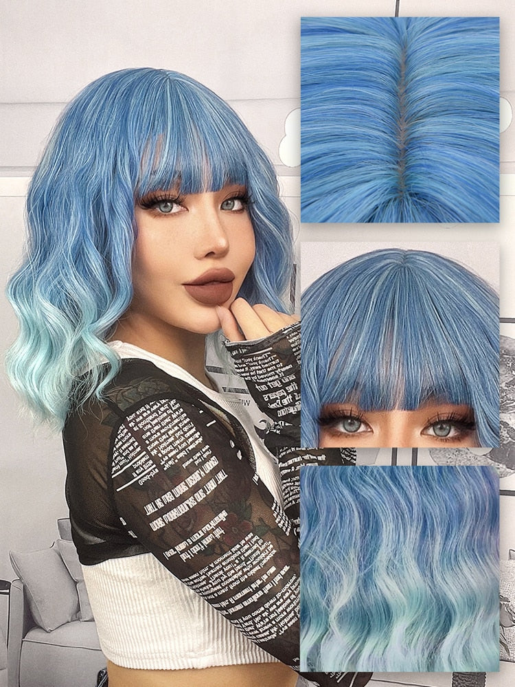Cynthia Blue Ombre Short Bob Synthetic Wigs For Women With Bangs Body Wave Cosplay Lolita Wig White Natural Heat Resistant Hair