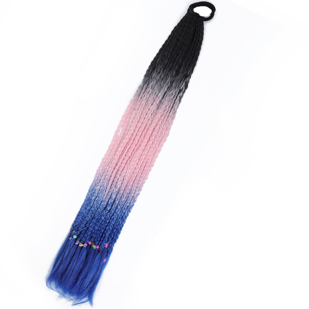 Colored Gradient Box Braided Ponytail For Girls With Elastic Hair Band Rubber Band Hair Accessories Wig Headband Hairpiece