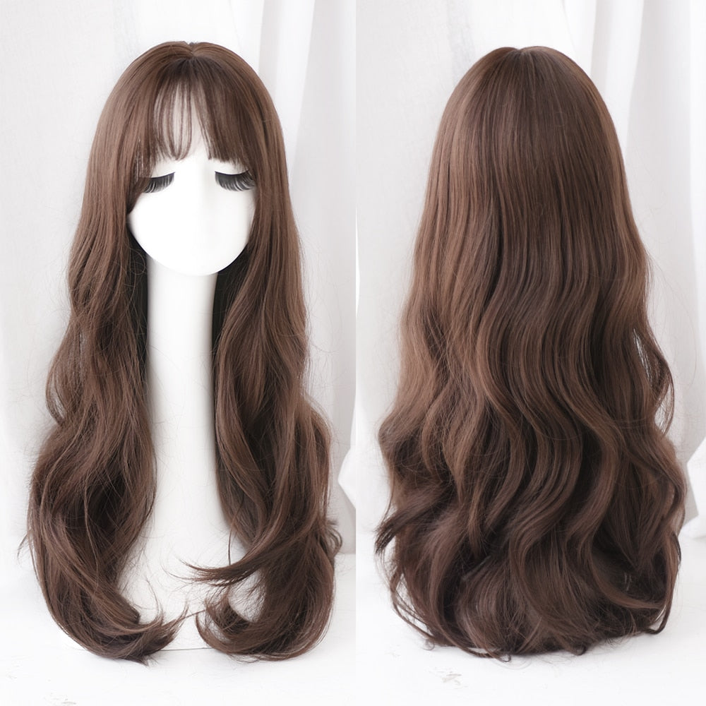 Long Curly Hair Women Wig with Bangs Daily Brown Black Pink Lolita Cosplay Braided Wigs Heat Resistant Fiber