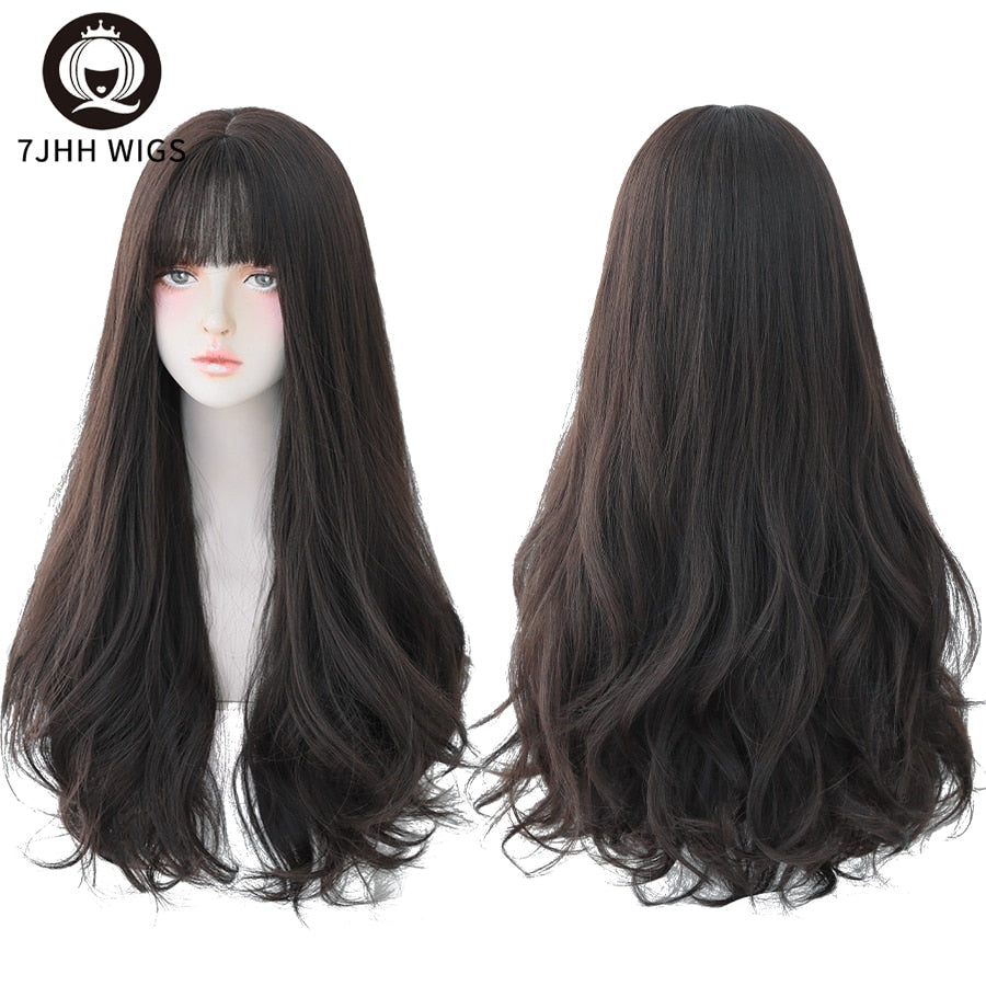 WIGS Brown Ash Long Deep Wave Hair Lolita Wigs With Bangs Synthetic Wig For Women Thick Curls Wigs